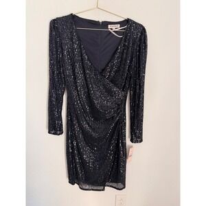 Nanette Lepore Navy Sequin Cocktail Ruched Long Sleeve Dress Size 6 NWT